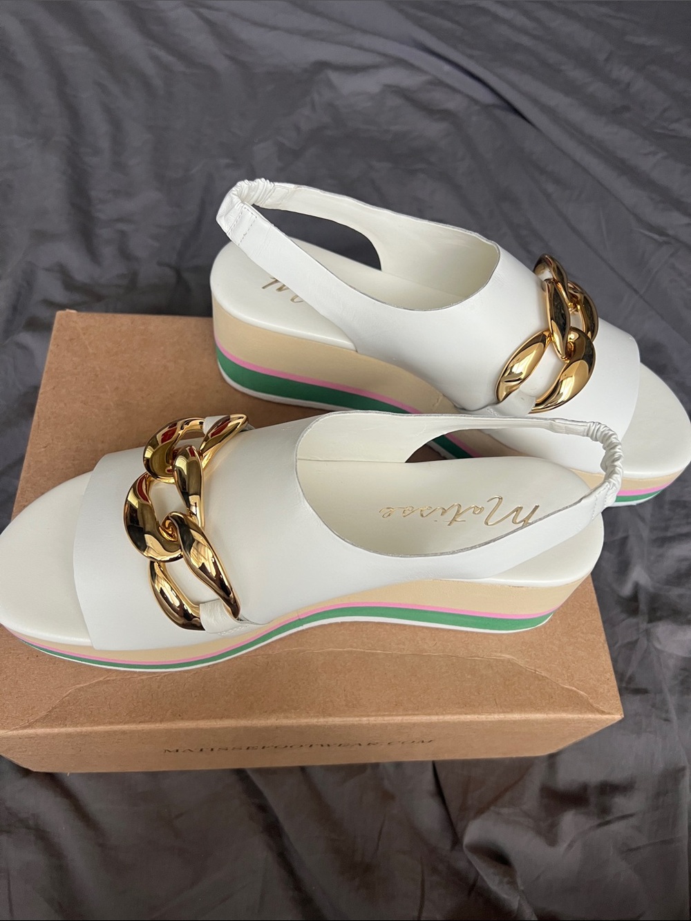 Matisse White Platform Slingback Wedges with Gold Chain